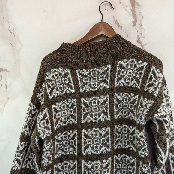 Vintage Sweater Womens Large Brown Medallion Boho Granny Square 90s Knit Pattern - Picture 6 of 10